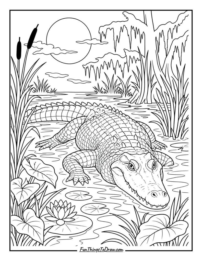 Crocodile in a Moonlit Swamp coloring page