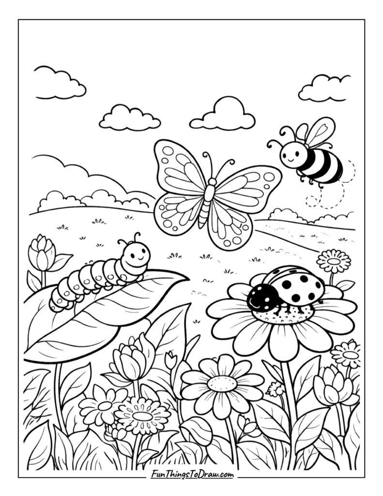 Garden Bugs and Butterfly Coloring Page