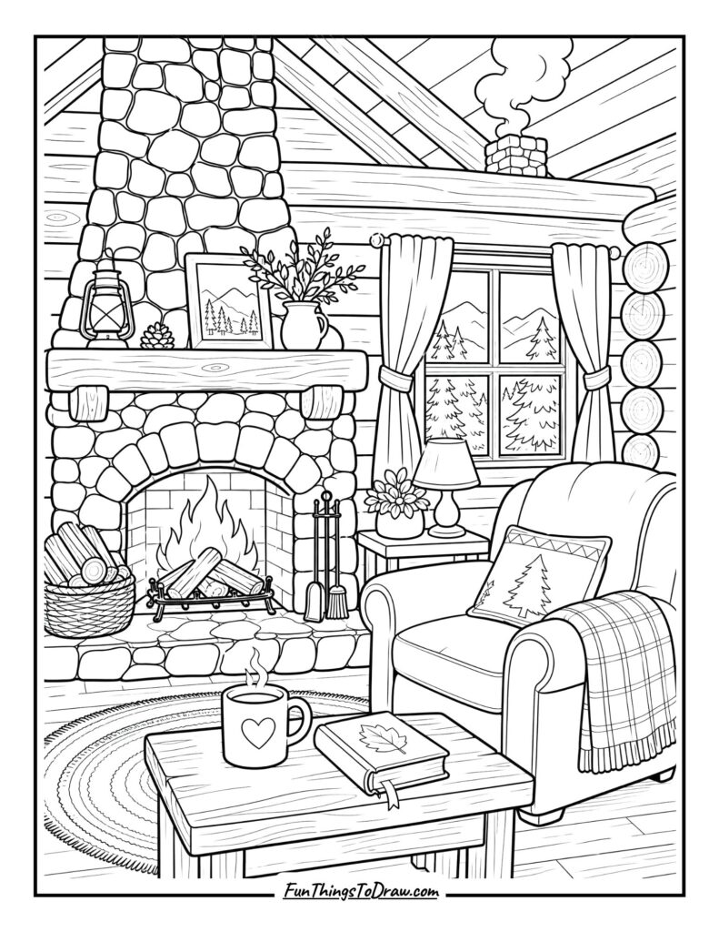 Rustic Log Cabin Warmth coloring page