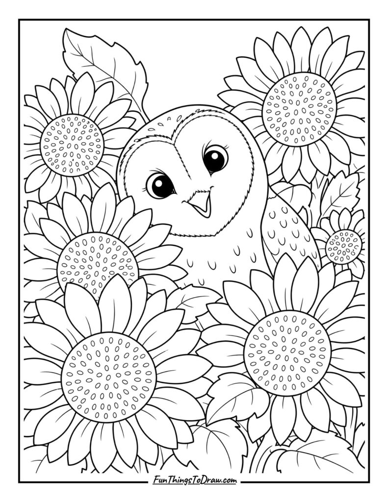 Barn Owl in a Sunflower Field coloring page