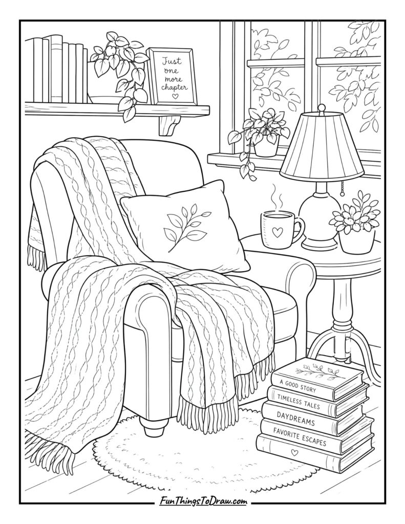 Cozy Reading Nook (Relaxation Coloring Page)