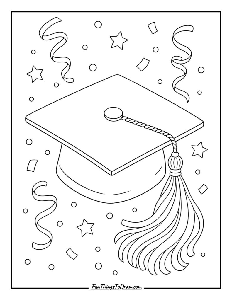 Graduation Cap with Tassel and Confetti Coloring Page