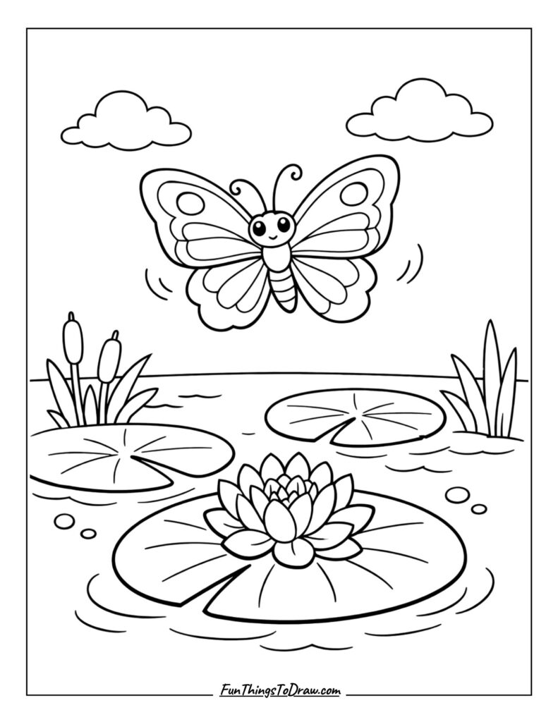 Butterfly Over Lily Pond Coloring Page