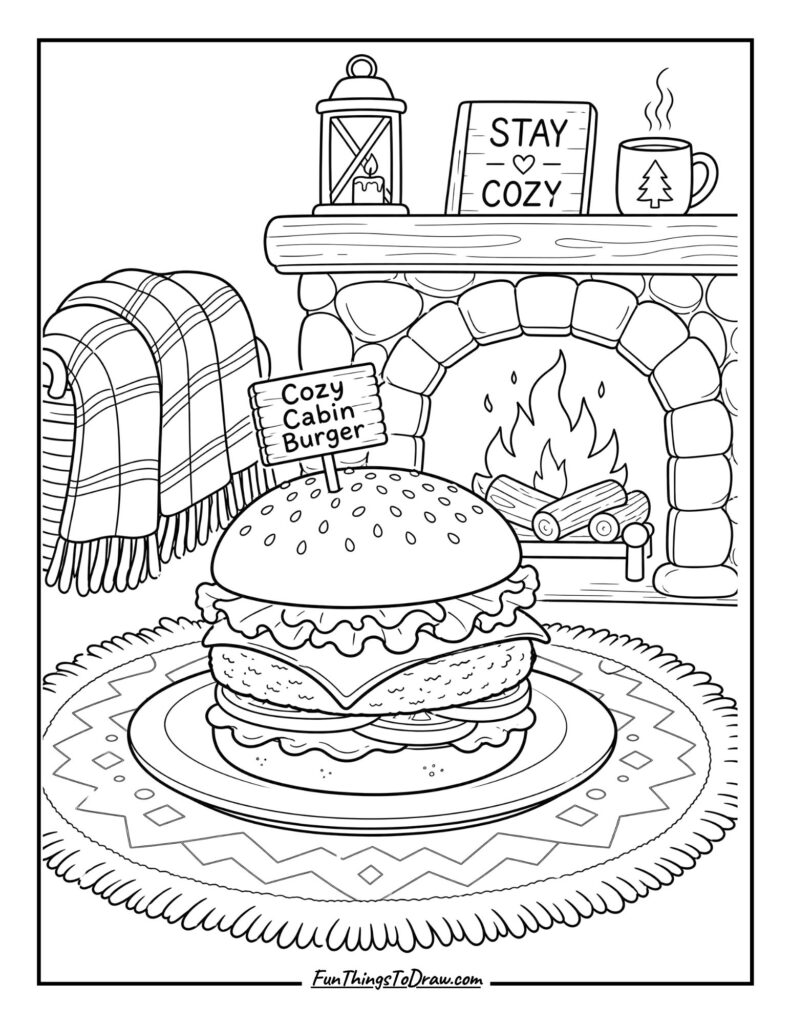 Cozy Cabin Burger coloring page