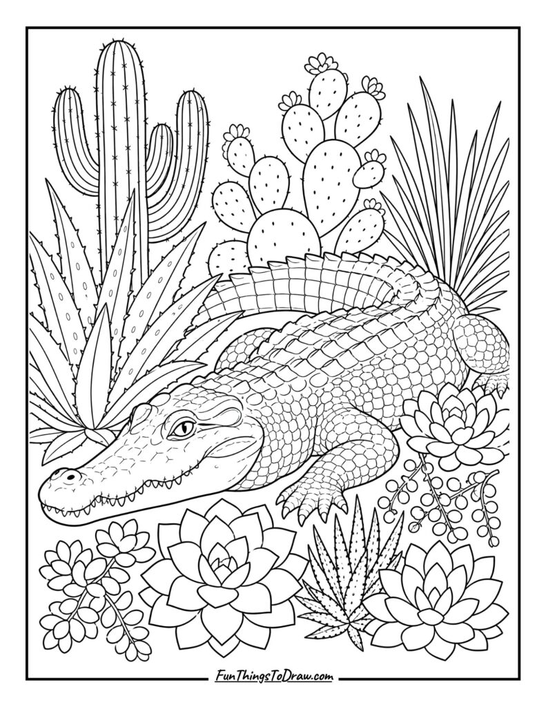 Crocodile with Succulents coloring page