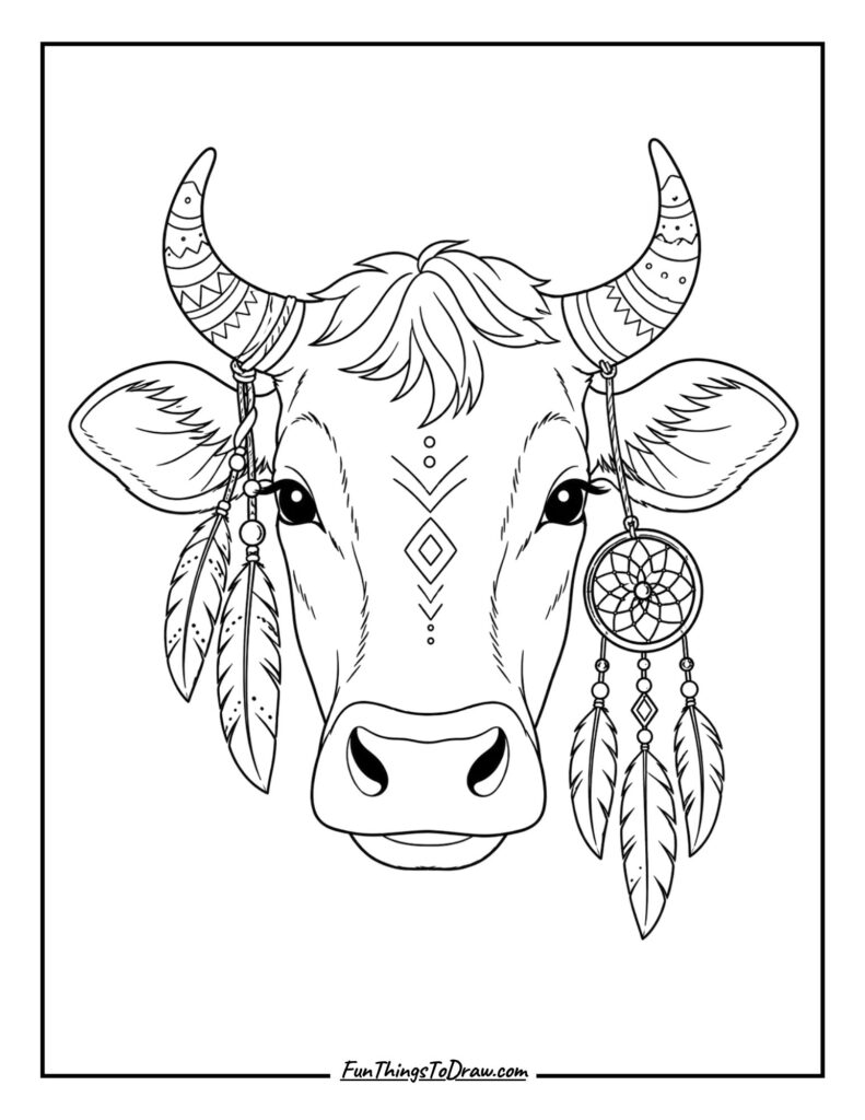 Boho Cow Portrait coloring page
