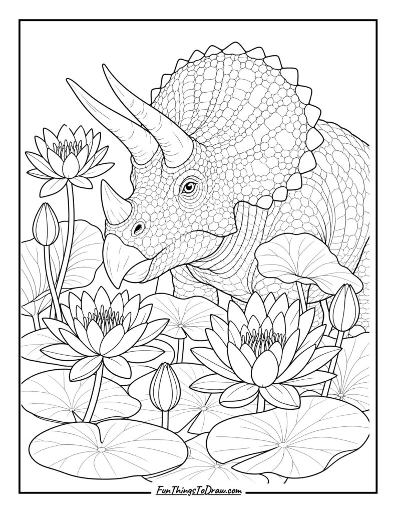 Triceratops with Blooming Water Lilies