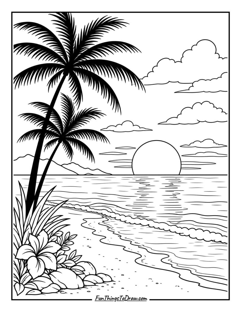 Tropical sunset beach coloring page