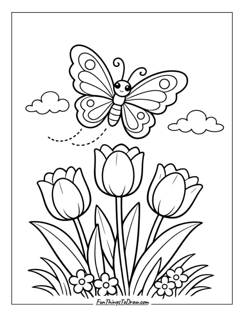 Butterfly and Tulips Coloring Page