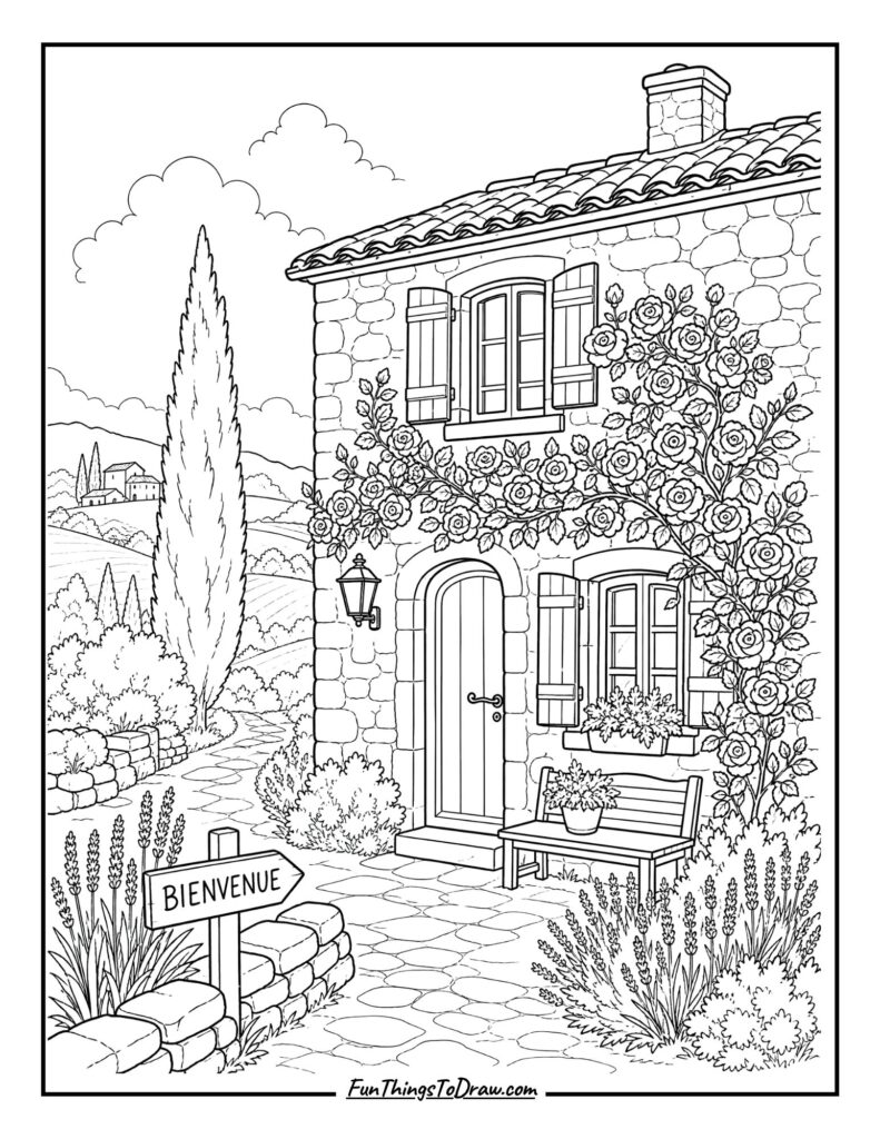 French Countryside Farmhouse coloring page