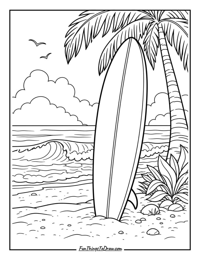 Surfboard at Beach Coloring Page