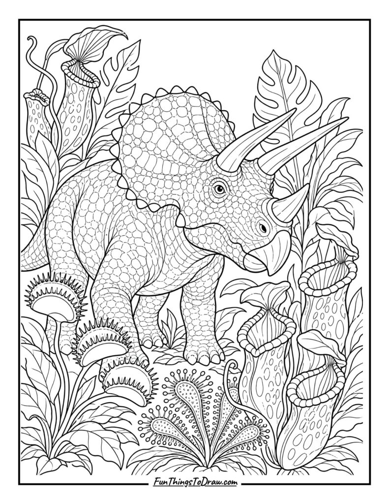 Triceratops and Carnivorous Plants coloring page