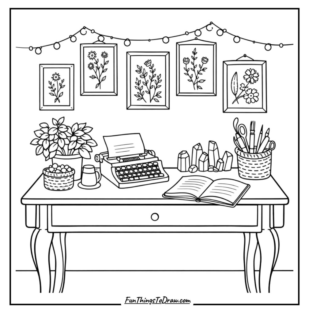 Boho Writer's Desk Coloring Page