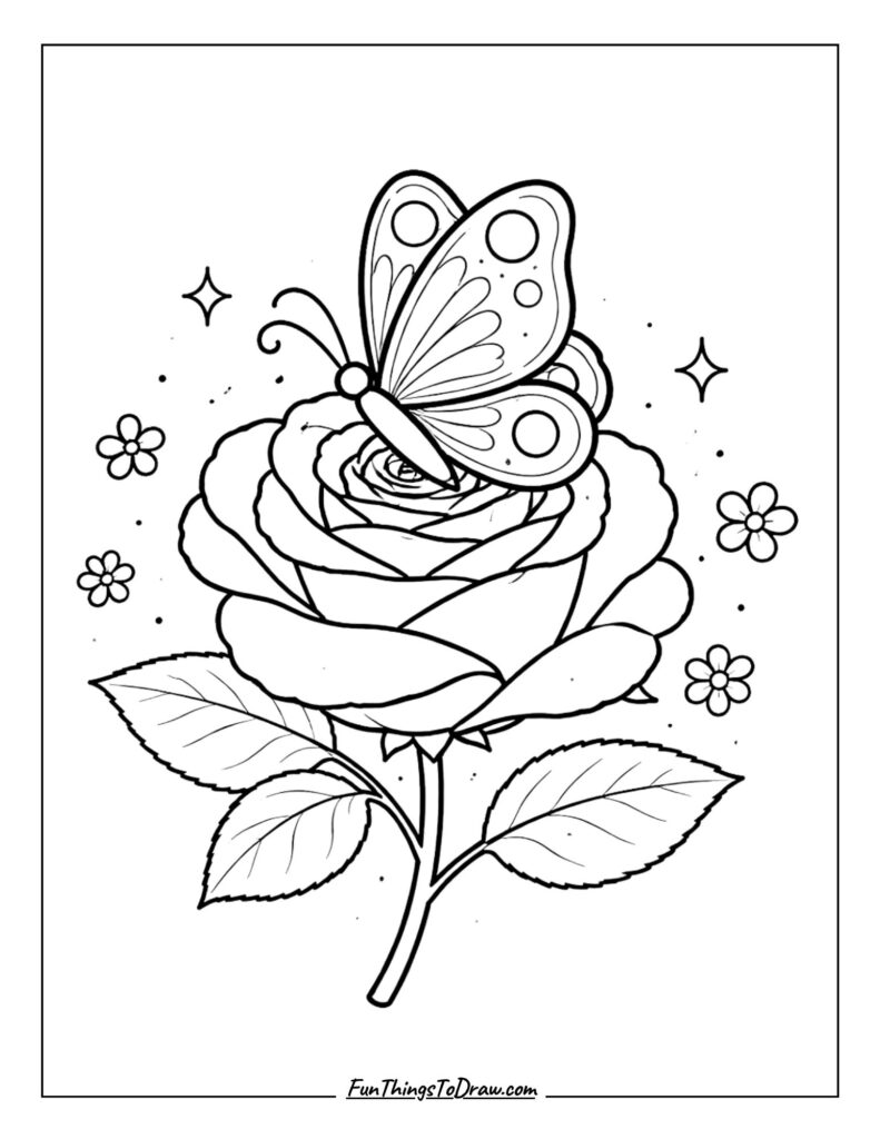 Butterfly on Rose Coloring Page