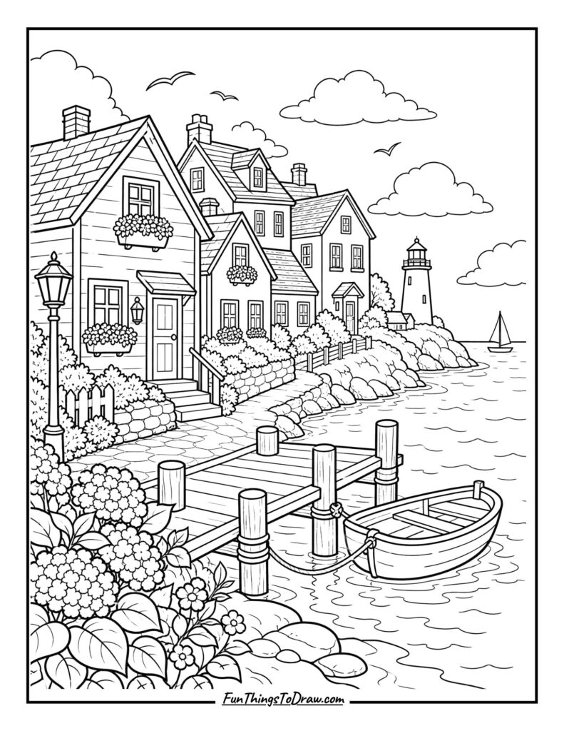 Coastal Town Charm coloring page