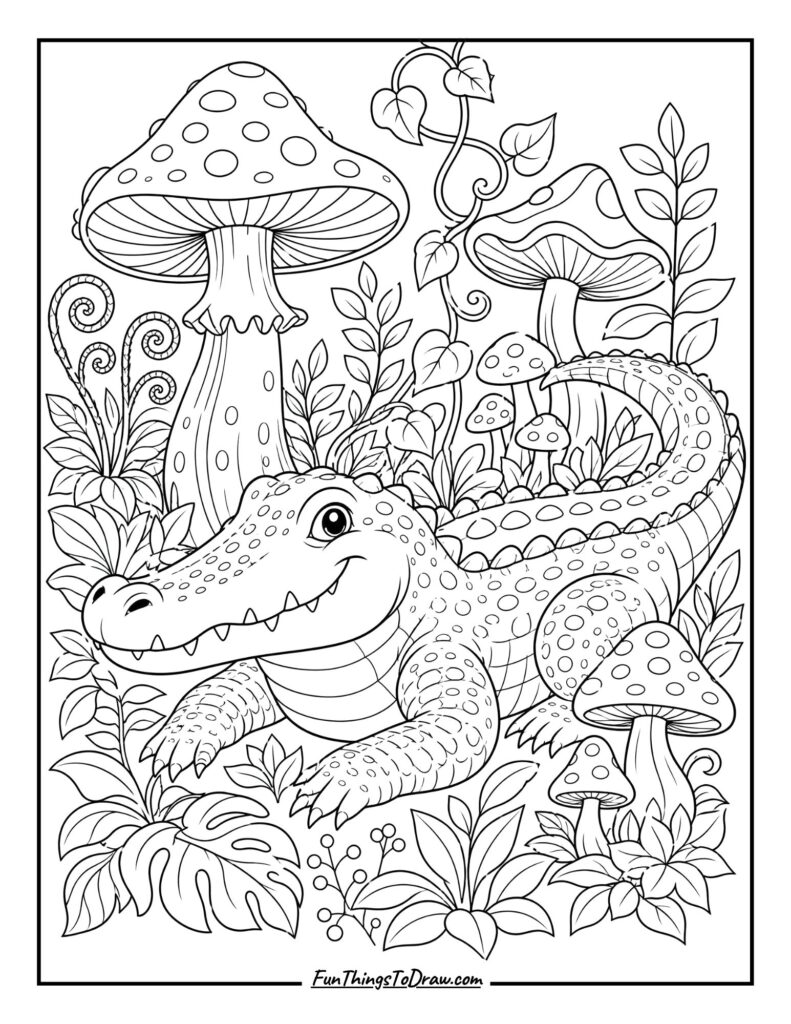 Crocodile with Mushrooms Coloring Page
