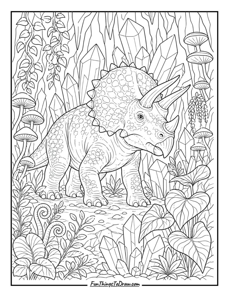 Triceratops in a Crystal Cave with Luminous Fungi