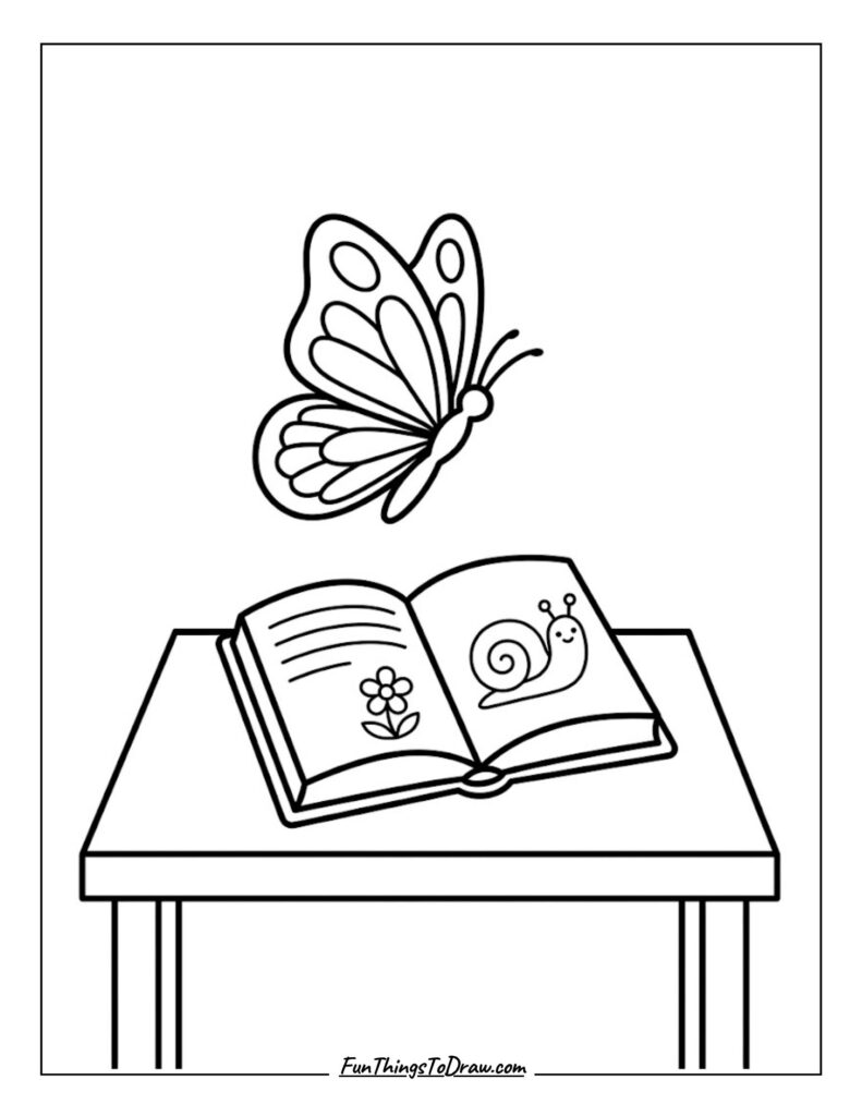 Butterfly Over Storybook Coloring Page