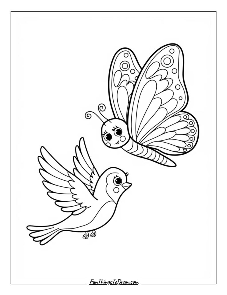 Butterfly and Bird Flying Coloring Page