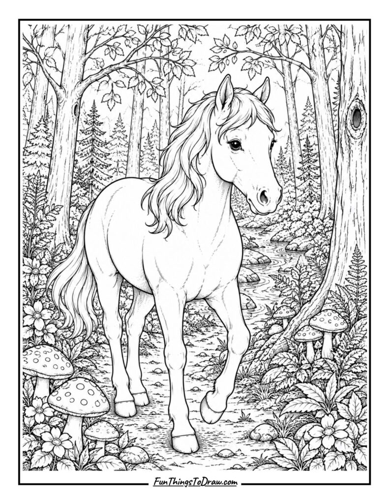 Horse in Forest coloring page