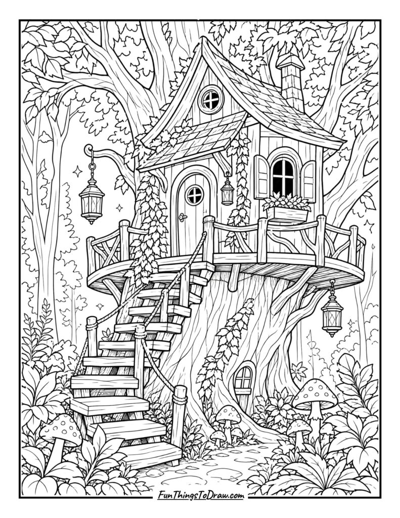 Forest Treehouse Coloring Page