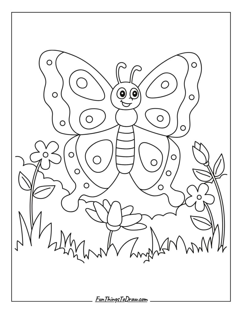 Smiling Butterfly in Garden Coloring Page