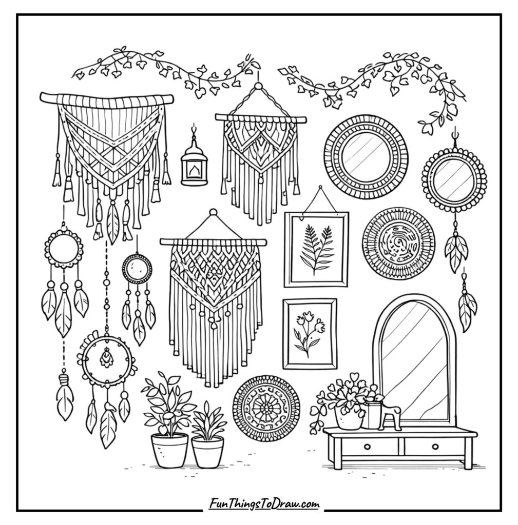 Boho Wall Décor Collage Coloring Page