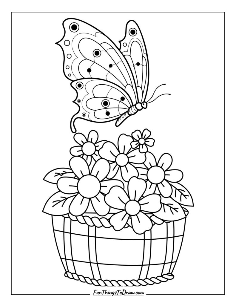 Butterfly on Flower Basket Coloring Page
