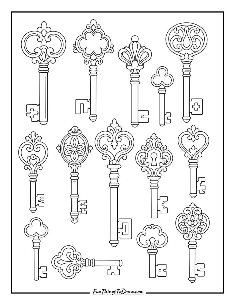Vintage key collection coloring page