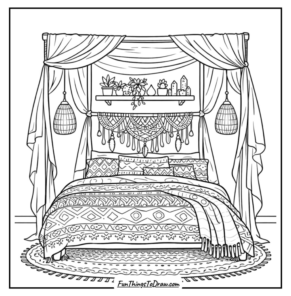 Boho Canopy Bed with Plant Shelf