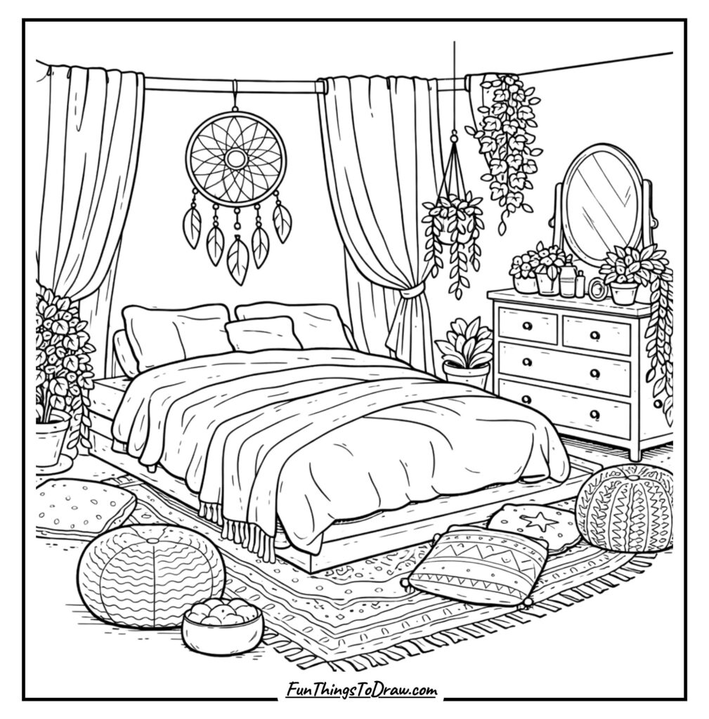 Boho Bedroom with Hanging Plants