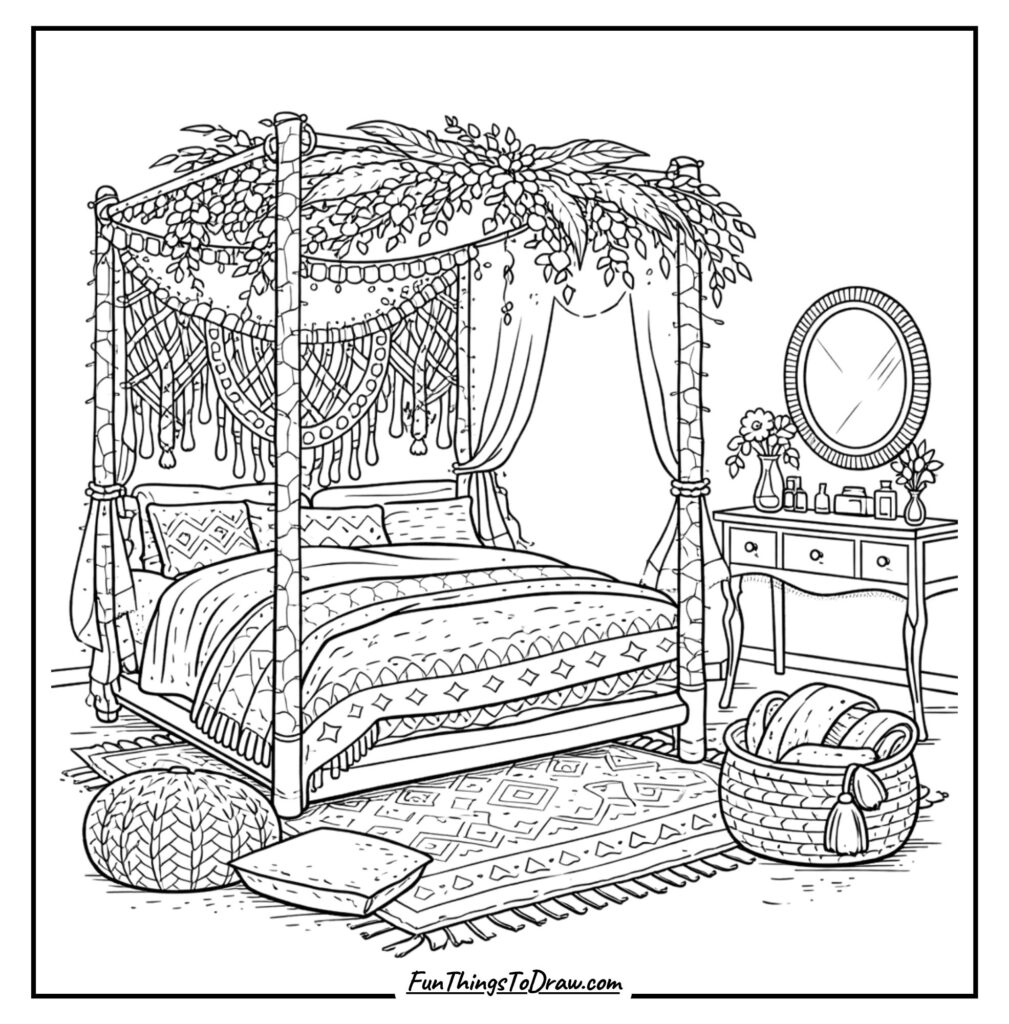 Boho Leafy Canopy Bed Coloring Page
