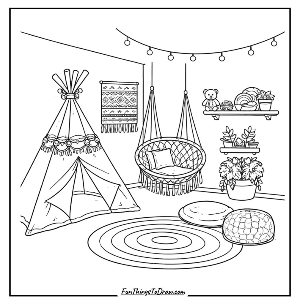 Boho Kids Teepee Corner Coloring Page