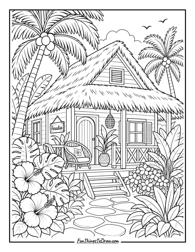 Tropical Bungalow Paradise coloring page