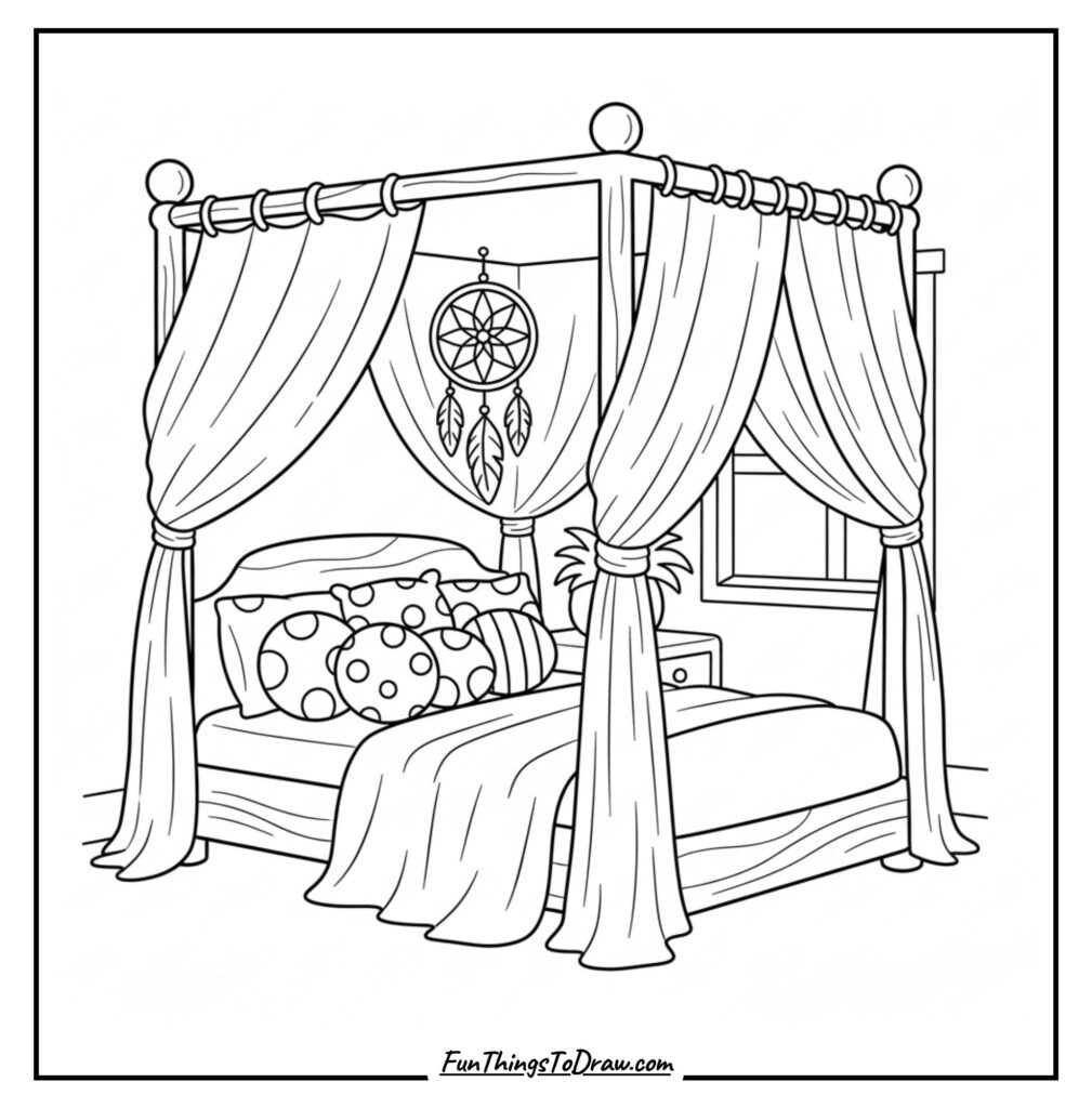 Boho Canopy Bedroom Coloring Page