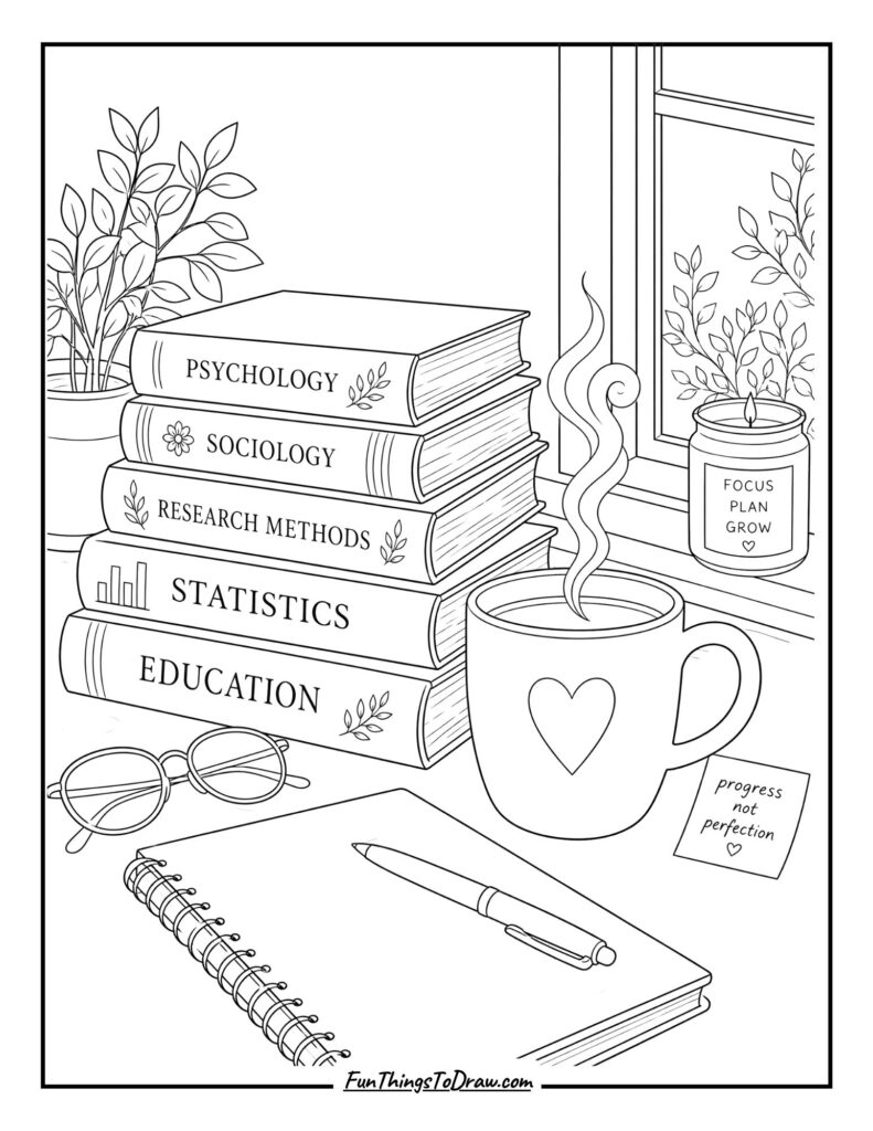 Books and Coffee coloring page