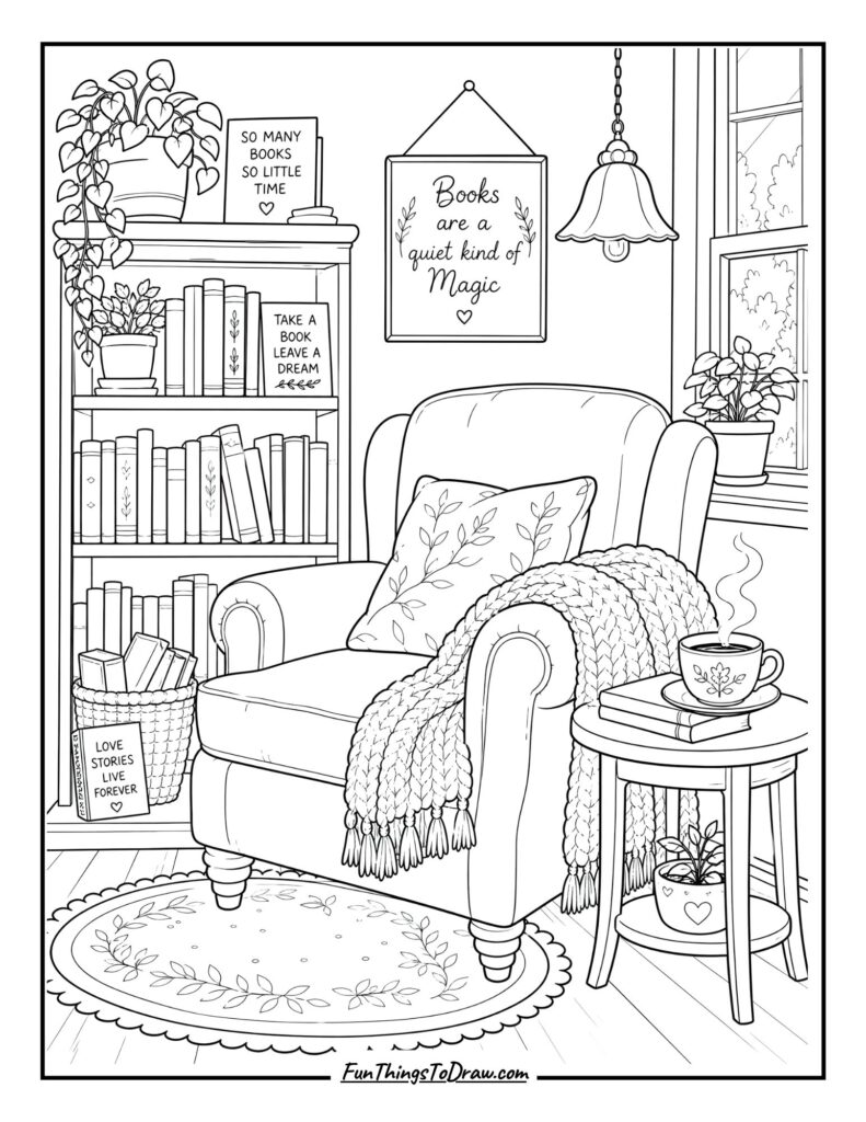 Cozy Bookstore Corner Coloring Page