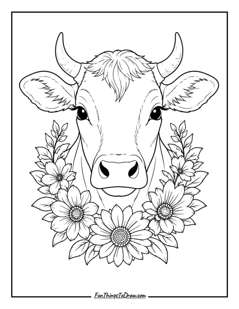 Floral Cow Bust coloring page