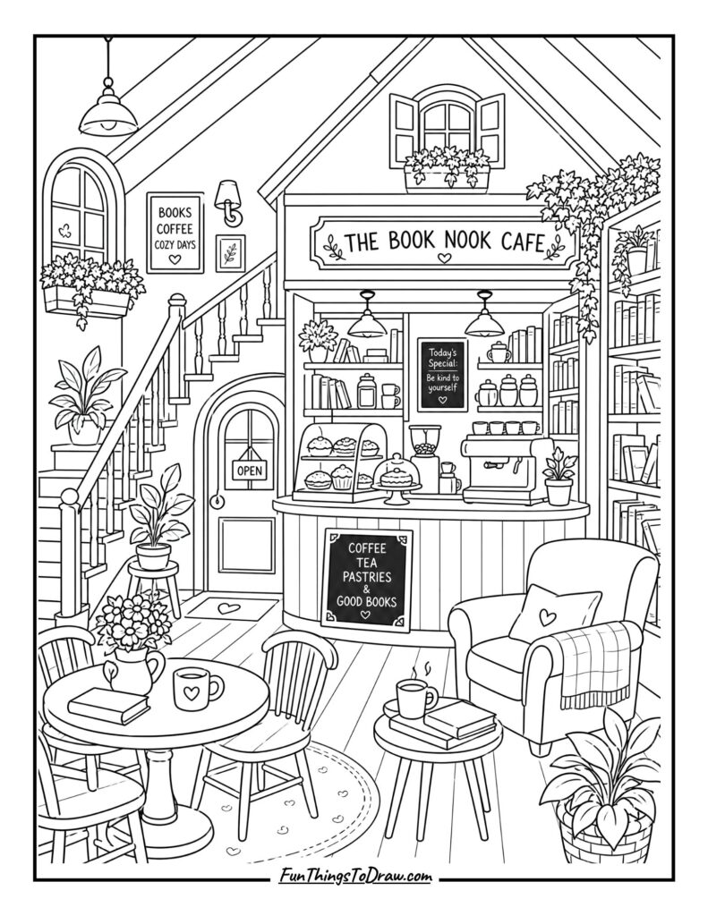 Cozy Bookstore Cafe coloring page