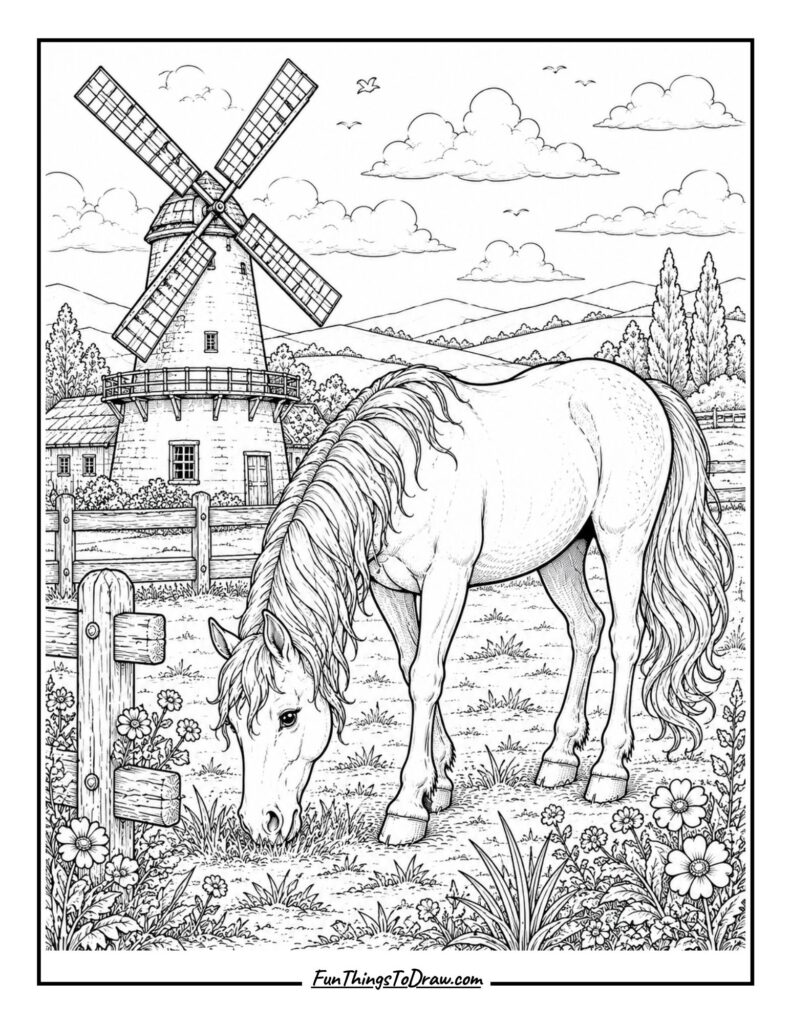Horse by Windmill coloring page
