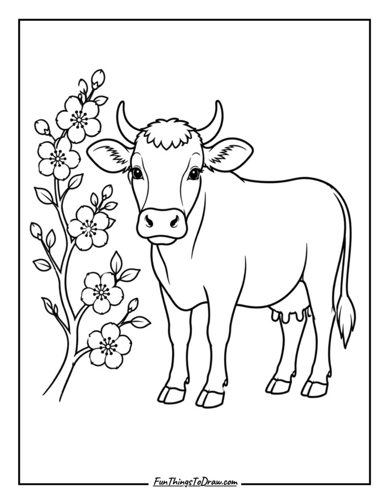 Spring blossom flowers and cow