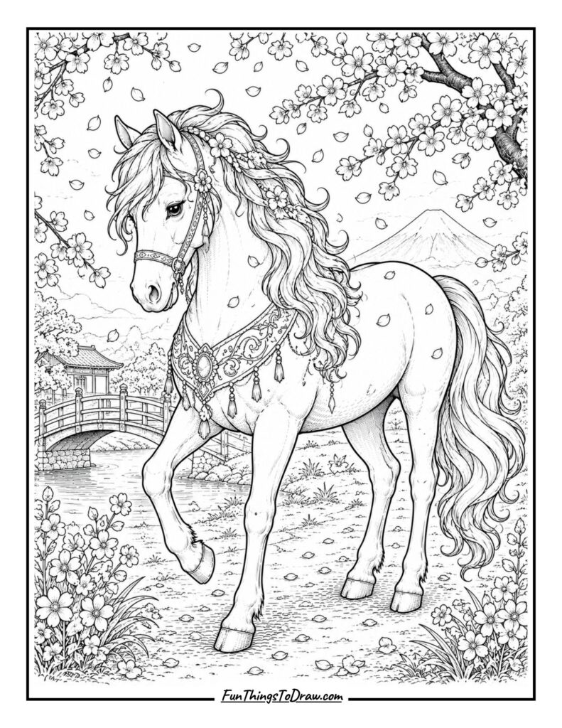 Horse with Cherry Blossoms coloring page