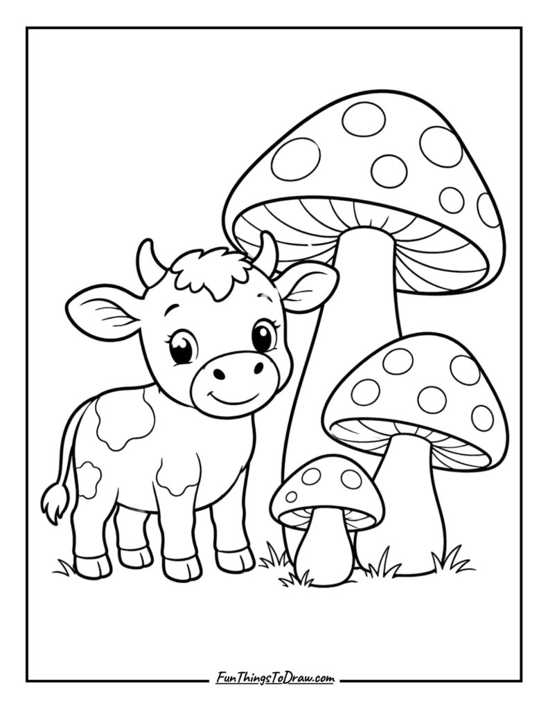Mushroom Cottage Cow coloring page