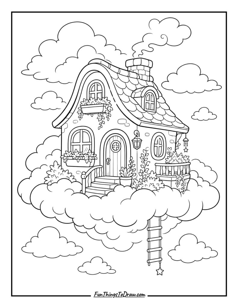 Floating Cloud House Coloring Page