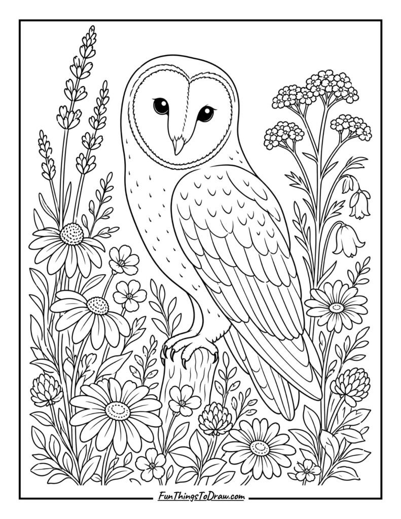 Barn Owl with Wildflowers Coloring Page