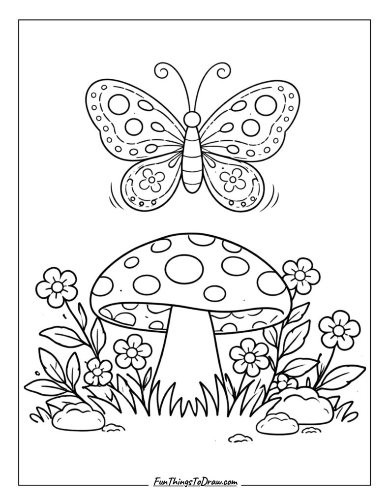 Butterfly and Mushroom Coloring Page