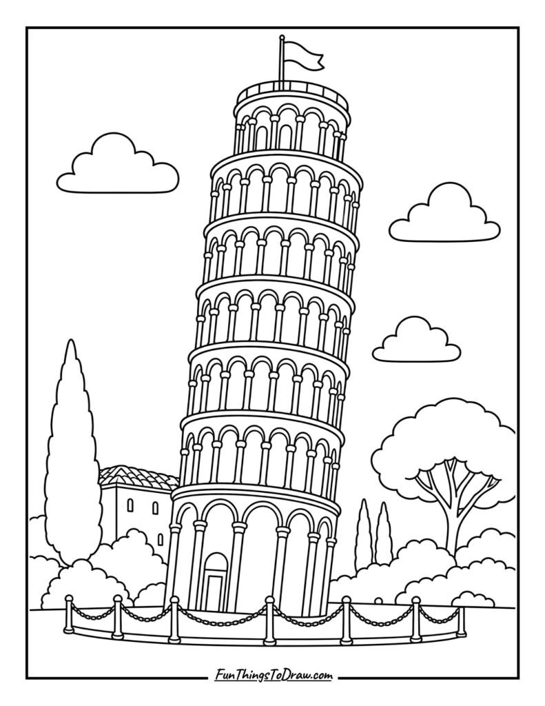 Leaning Tower Whimsy Coloring Page