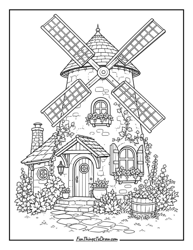 Rustic Windmill House Coloring Page