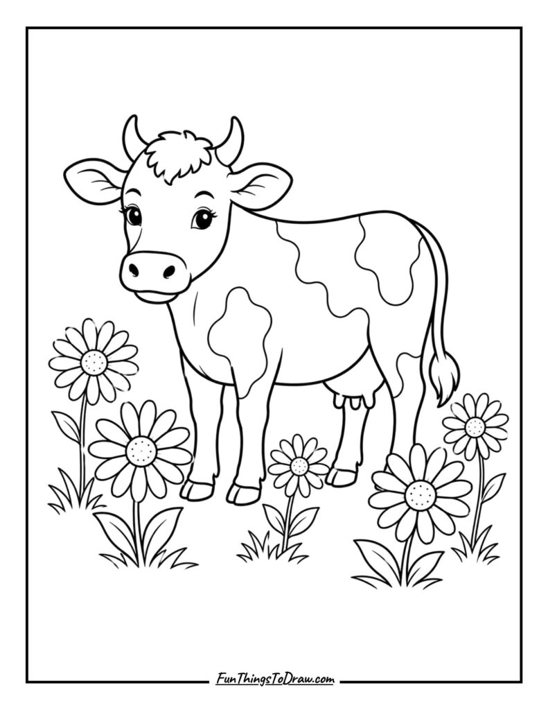 Cow in Daisy Field Coloring Page