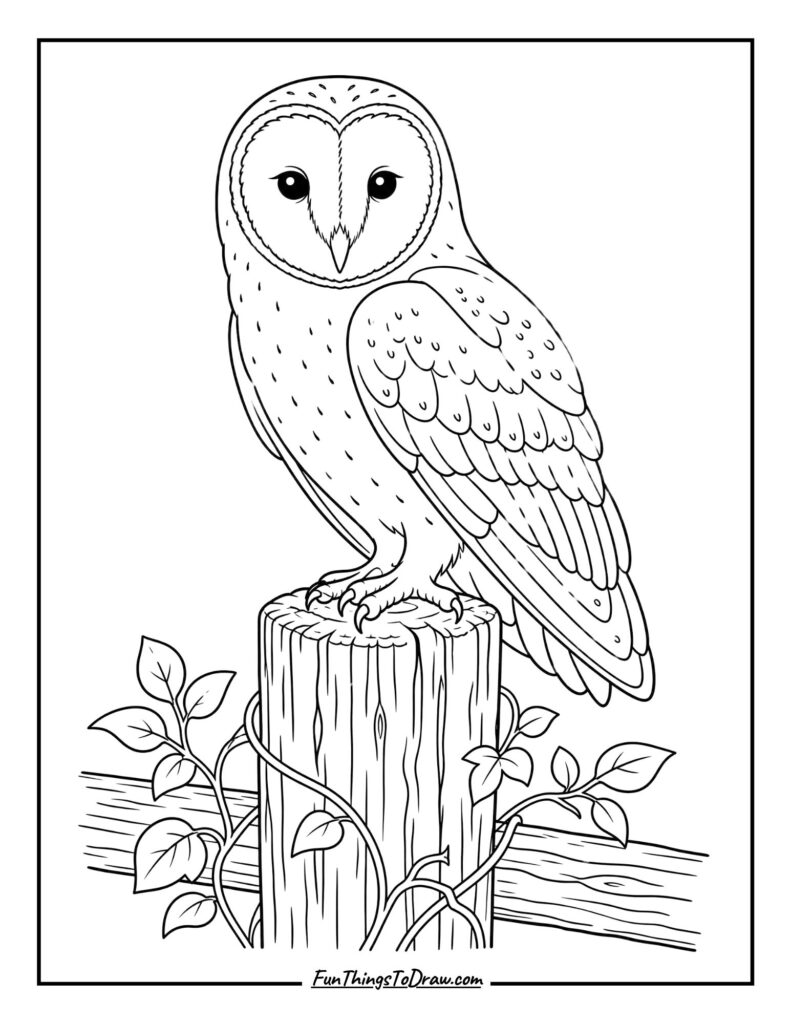 Barn Owl on a Fence Post Coloring Page